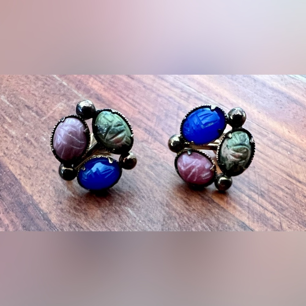 VTG Bal-Ron 12K Gold Filled Carved Stone 3 Scarab Screw Back Earrings Blue Pink